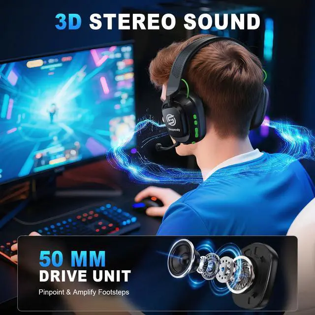 Alt view image 2 of 7 - 2.4GHz Wireless Gaming Headset for PC, PS5, PS4, Switch & Mac, Bluetooth Headset with Noise Canceling Microphone, Low-Latency Stereo Audio, 50mm Drivers, Up to 50H Battery, Lunar Black