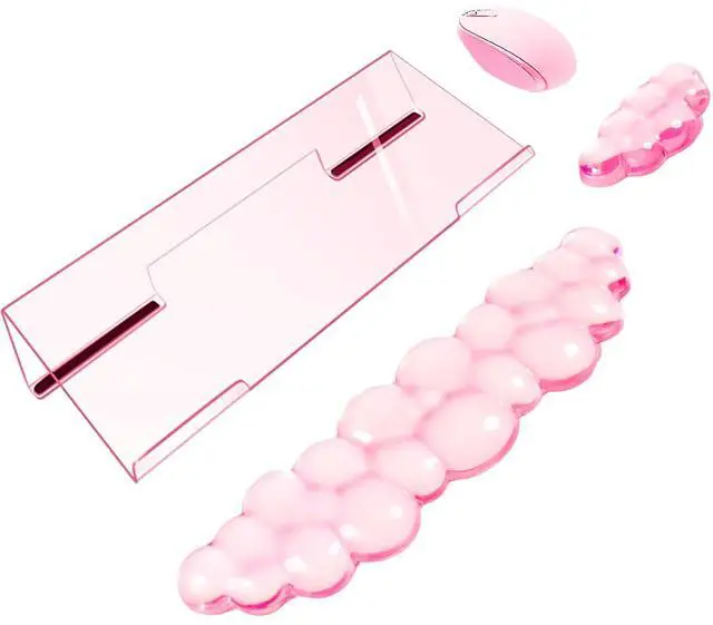 Main image of Acrylic Computer Keyboard Stand with Gel Cloud Wrist Rest Keyboard Riser with Comfortable Clear Silicone Mouse Wrist Pad Ergonomic Tilted Transparent Keyboard Holder for Desktop Office Hot Pink