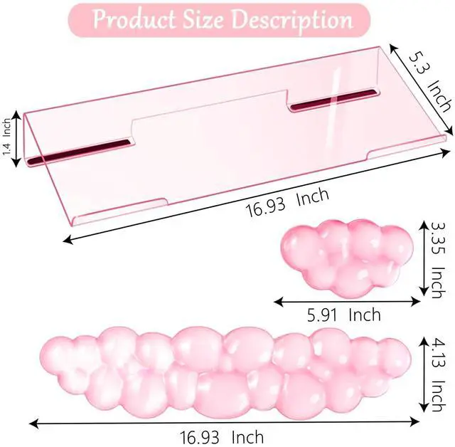 Alt view image 4 of 7 - Acrylic Computer Keyboard Stand with Gel Cloud Wrist Rest Keyboard Riser with Comfortable Clear Silicone Mouse Wrist Pad Ergonomic Tilted Transparent Keyboard Holder for Desktop Office Hot Pink