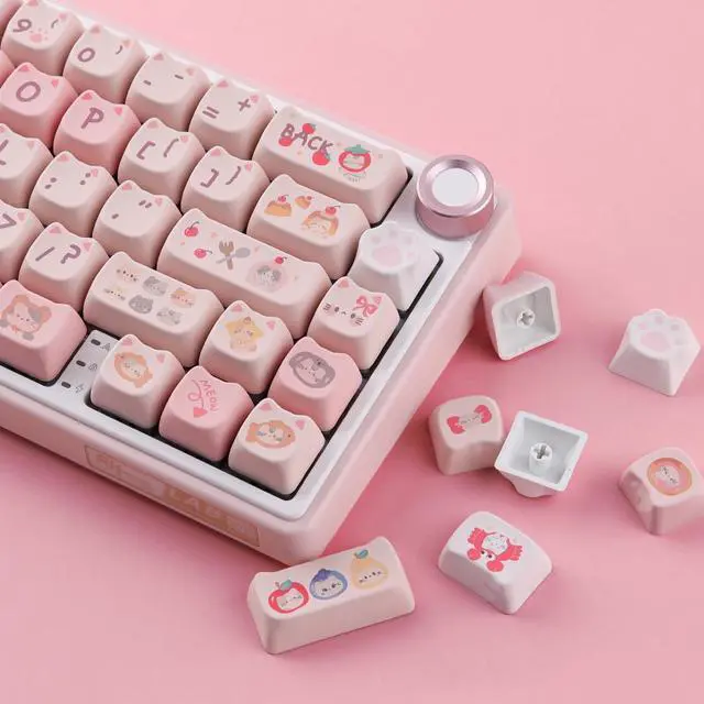 Alt view image 2 of 7 - PBT Keycaps 140 Keys Pink Meow Meow Cat Keycaps Dye-Sublimation Cute Keycap Mao Profile Custom Keycap for Cherry Gateron MX Swithes Mechanical Gaming Keyboards