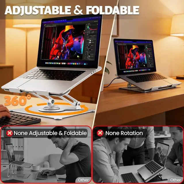 Alt view image 2 of 7 - Adjustable Laptop Stand for Desk, 360 Rotating Base, Ergonomic Computer Stand, Compatible with MacBook Air Pro, Dell, HP, for Office Home