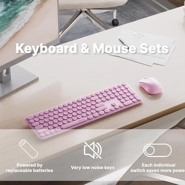 Alt view image 2 of 6 - x UBOTIE Wireless Keyboard and Mouse Combo with 110 Round Keycaps, Power Switch, and Scissor-Switch Typing Feel Ideal for Office Use(Pink)