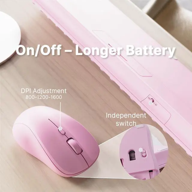 Alt view image 4 of 6 - x UBOTIE Wireless Keyboard and Mouse Combo with 110 Round Keycaps, Power Switch, and Scissor-Switch Typing Feel Ideal for Office Use(Pink)