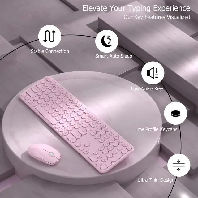 Alt view image 3 of 6 - Wireless Keyboard and Mouse Combo, USB Receiver Plug and Play, Low Profile Quiet Typing Design, 110 Round Keys Full-Size Silent Keyboard Set for PC, Windows, Mac, Desktop, Laptop(Pink)