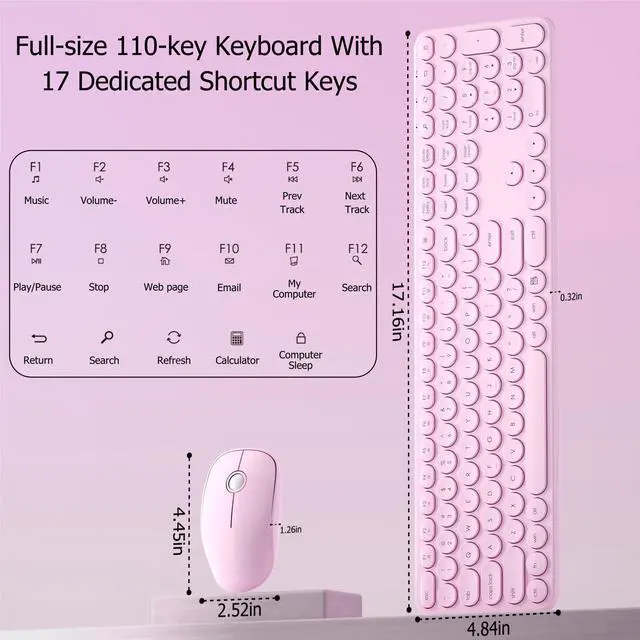 Alt view image 6 of 6 - Wireless Keyboard and Mouse Combo, USB Receiver Plug and Play, Low Profile Quiet Typing Design, 110 Round Keys Full-Size Silent Keyboard Set for PC, Windows, Mac, Desktop, Laptop(Pink)