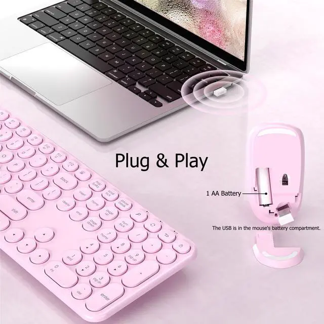 Alt view image 2 of 6 - Wireless Keyboard and Mouse Combo, USB Receiver Plug and Play, Low Profile Quiet Typing Design, 110 Round Keys Full-Size Silent Keyboard Set for PC, Windows, Mac, Desktop, Laptop(Pink)