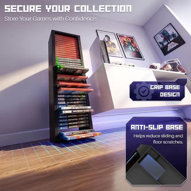 Alt view image 6 of 7 - Universal Video Game Storage Tower for PS5, PS4, PS3, Nintendo Switch, Xbox One, Xbox Series S/X - Black Video Game Holder Organizer Stand with 36 CD Case Storage for Organizing & Displaying
