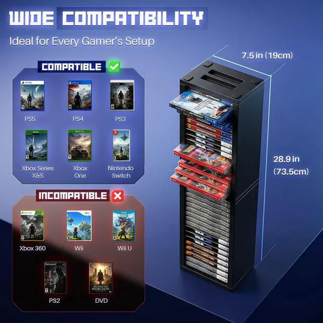 Alt view image 7 of 7 - Universal Video Game Storage Tower for PS5, PS4, PS3, Nintendo Switch, Xbox One, Xbox Series S/X - Black Video Game Holder Organizer Stand with 36 CD Case Storage for Organizing & Displaying