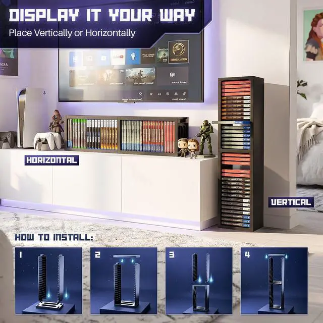Alt view image 4 of 7 - Universal Video Game Storage Tower for PS5, PS4, PS3, Nintendo Switch, Xbox One, Xbox Series S/X - Black Video Game Holder Organizer Stand with 36 CD Case Storage for Organizing & Displaying