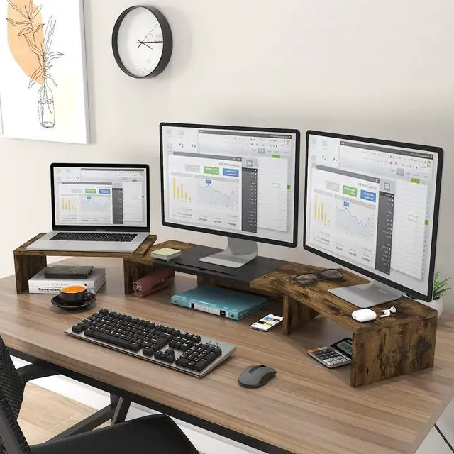 Alt view image 3 of 7 - Triple Dual Monitor Stand Riser, Extra Long Monitor Stand for 1~2~3 Monitors, Monitor Stand with Length and Angle Adjustable, 3 Shelf Desktop Storage Riser for Monitor Computer Screen Laptop