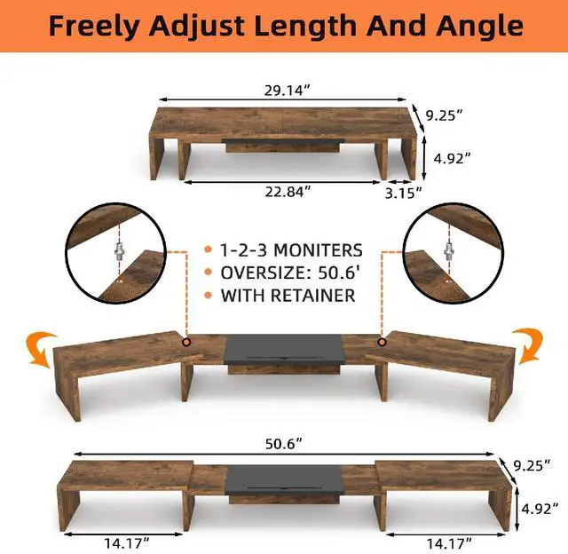 Alt view image 6 of 7 - Triple Dual Monitor Stand Riser, Extra Long Monitor Stand for 1~2~3 Monitors, Monitor Stand with Length and Angle Adjustable, 3 Shelf Desktop Storage Riser for Monitor Computer Screen Laptop