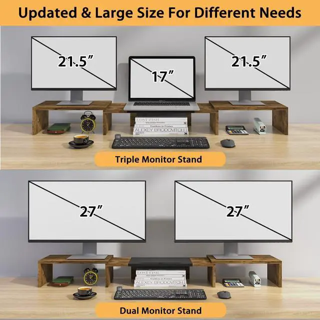 Alt view image 7 of 7 - Triple Dual Monitor Stand Riser, Extra Long Monitor Stand for 1~2~3 Monitors, Monitor Stand with Length and Angle Adjustable, 3 Shelf Desktop Storage Riser for Monitor Computer Screen Laptop