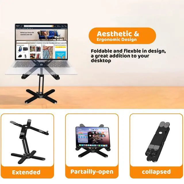 Alt view image 4 of 7 - Laptop Stand with 360 Rotating Base, Computer Notebook Laptop Riser Metal Holder for Desk Collaborative Work, Fully Foldable for Easy Storage, Fits All MacBook, Laptops up to 16 inches, Black