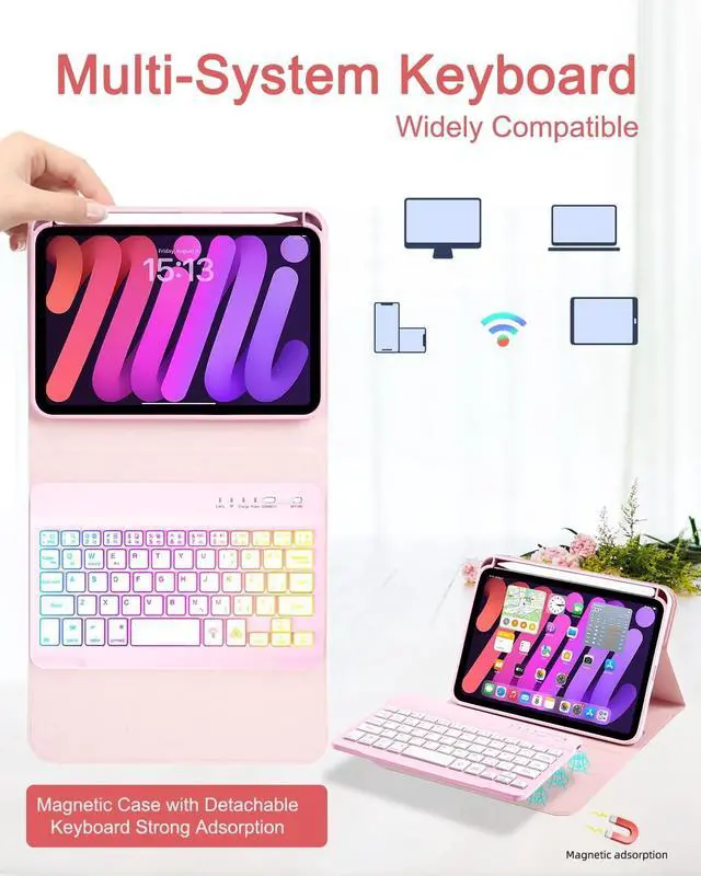 Alt view image 6 of 7 - Case with Keyboard Mouse for iPad mini 7th(A17 Pro,2024)/6th Generation 8.3 inch,7 Color Rainbow Backlight Detachable USB-C Keyboard Magnetic Case with Pen Slot for iPad mini 6 7 -Pink