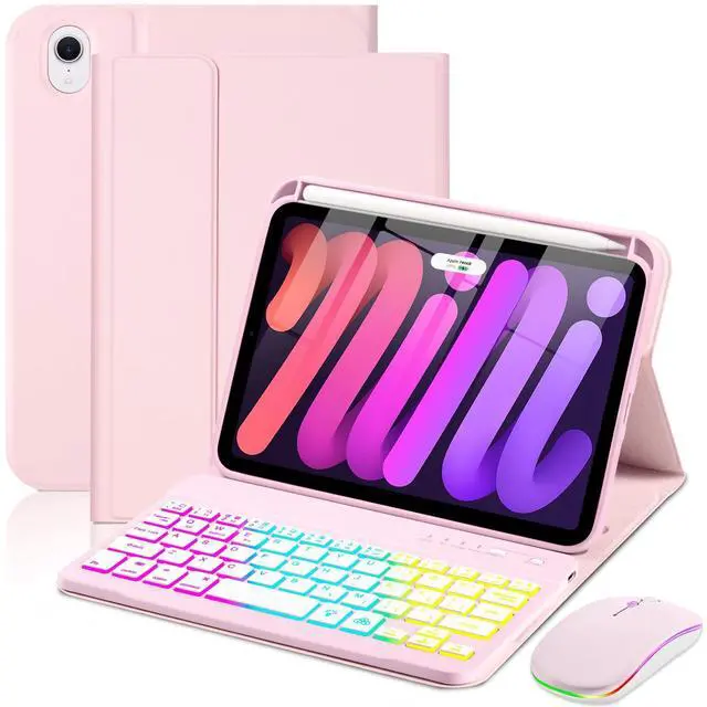Main image of Case with Keyboard Mouse for iPad mini 7th(A17 Pro,2024)/6th Generation 8.3 inch,7 Color Rainbow Backlight Detachable USB-C Keyboard Magnetic Case with Pen Slot for iPad mini 6 7 -Pink