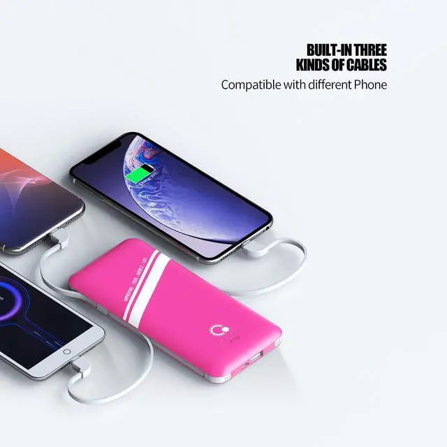 Alt view image 2 of 6 - 10000mAh Power Bank, Q Slim Portable Charger,4 Output External Battery Pack with Built-in AC Wall Plug Micro USB C Three Cables Compatible with All Kinds of mobilephone (Pink)