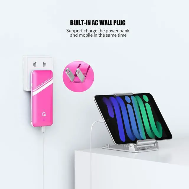 Alt view image 3 of 6 - 10000mAh Power Bank, Q Slim Portable Charger,4 Output External Battery Pack with Built-in AC Wall Plug Micro USB C Three Cables Compatible with All Kinds of mobilephone (Pink)