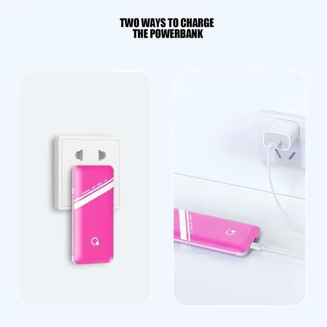 Alt view image 5 of 6 - 10000mAh Power Bank, Q Slim Portable Charger,4 Output External Battery Pack with Built-in AC Wall Plug Micro USB C Three Cables Compatible with All Kinds of mobilephone (Pink)