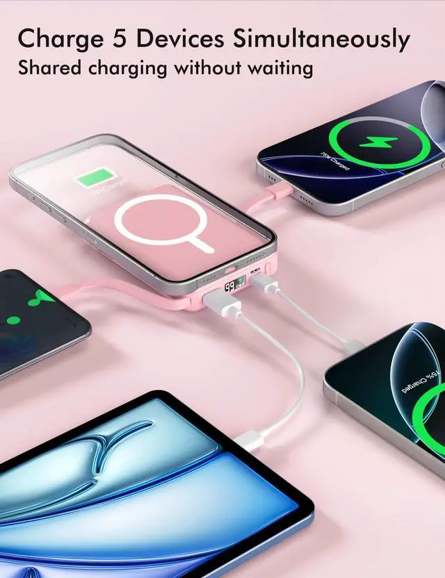 Alt view image 2 of 6 - for Magsafe Battery Pack, 10000mAh Magnetic Power Bank Built-in Double USB C Cables 20W PD Fast Charging LED Display Wireless Portable Charger for iPhone 17/16/15/14/13/12 Series-Pink