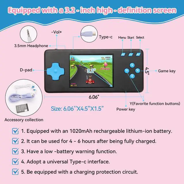 Alt view image 2 of 7 - 32 Bit Handheld Game Console for Kids Adults, Preloaded 300 Retro Video Games, 3.0" Color Display Rechargeable Portable Gaming Player, Mini Electronic Travel Toy Gift for Boys Girls (Black2)