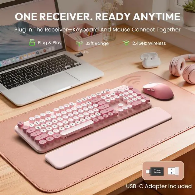 Alt view image 2 of 7 - Wireless Keyboard and Mouse Combo, Typewriter Keyboard with Detachable Wrist Rest, Full-Size Retro Round Keycaps, Smart-Sleep, 2.4GHz Stable Connection for Mac/Windows/PC, Trueque(Rose Mist Pink)