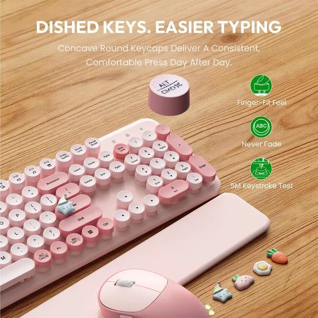 Alt view image 6 of 7 - Wireless Keyboard and Mouse Combo, Typewriter Keyboard with Detachable Wrist Rest, Full-Size Retro Round Keycaps, Smart-Sleep, 2.4GHz Stable Connection for Mac/Windows/PC, Trueque(Rose Mist Pink)