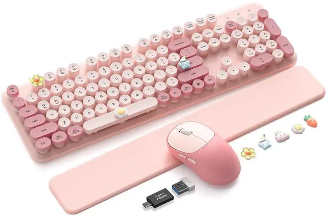 Main image of Wireless Keyboard and Mouse Combo, Typewriter Keyboard with Detachable Wrist Rest, Full-Size Retro Round Keycaps, Smart-Sleep, 2.4GHz Stable Connection for Mac/Windows/PC, Trueque(Rose Mist Pink)