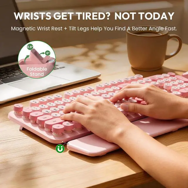 Alt view image 3 of 7 - Wireless Keyboard and Mouse Combo, Typewriter Keyboard with Detachable Wrist Rest, Full-Size Retro Round Keycaps, Smart-Sleep, 2.4GHz Stable Connection for Mac/Windows/PC, Trueque(Rose Mist Pink)