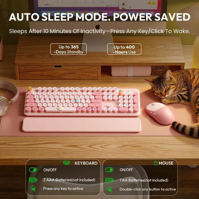 Alt view image 4 of 7 - Wireless Keyboard and Mouse Combo, Typewriter Keyboard with Detachable Wrist Rest, Full-Size Retro Round Keycaps, Smart-Sleep, 2.4GHz Stable Connection for Mac/Windows/PC, Trueque(Rose Mist Pink)
