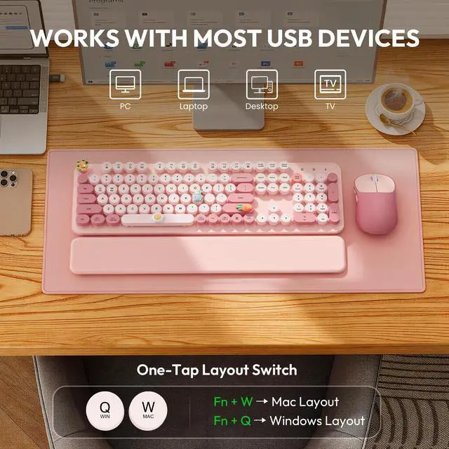 Alt view image 7 of 7 - Wireless Keyboard and Mouse Combo, Typewriter Keyboard with Detachable Wrist Rest, Full-Size Retro Round Keycaps, Smart-Sleep, 2.4GHz Stable Connection for Mac/Windows/PC, Trueque(Rose Mist Pink)