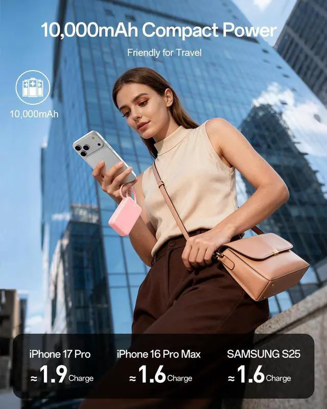Alt view image 4 of 7 - Portable Charger, 10000mAh 45W PD Power Bank, USB C in&Out Fast Charging Battery Pack with Phone Stand, Travel Essential Powerbank for iPhone 17 16 15 14 13 12 Samsung S25 MacBook etc,Pink