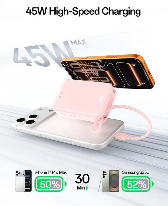 Alt view image 2 of 7 - Portable Charger, 10000mAh 45W PD Power Bank, USB C in&Out Fast Charging Battery Pack with Phone Stand, Travel Essential Powerbank for iPhone 17 16 15 14 13 12 Samsung S25 MacBook etc,Pink