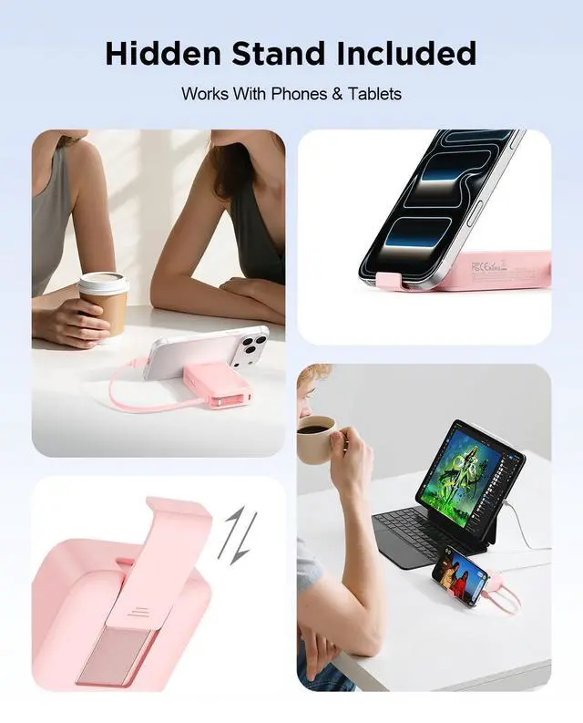 Alt view image 6 of 7 - Portable Charger, 10000mAh 45W PD Power Bank, USB C in&Out Fast Charging Battery Pack with Phone Stand, Travel Essential Powerbank for iPhone 17 16 15 14 13 12 Samsung S25 MacBook etc,Pink