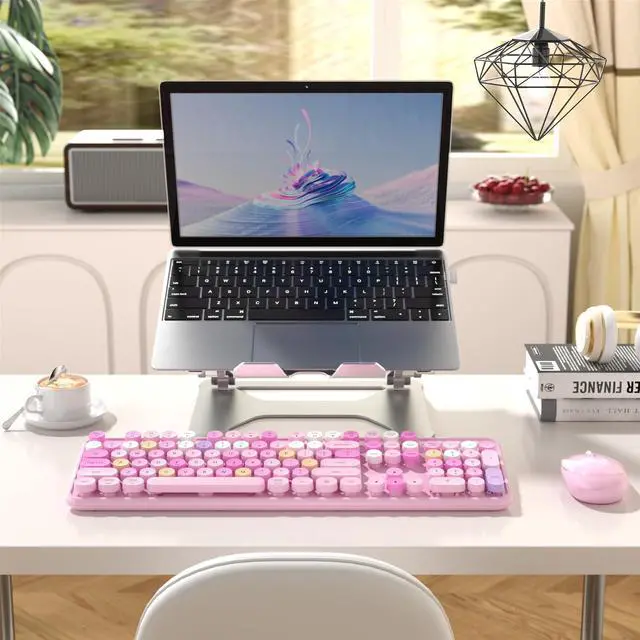 Alt view image 2 of 6 - Colorful Wireless Computer Keyboard and Mouse Combo with Round Typewriter Keycaps, Retro Design, Power Switch, Ergonomic Design, 2.4GHz Wireless for Windows, Mac, PC(Pink-Colorful)
