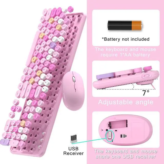Alt view image 5 of 6 - Colorful Wireless Computer Keyboard and Mouse Combo with Round Typewriter Keycaps, Retro Design, Power Switch, Ergonomic Design, 2.4GHz Wireless for Windows, Mac, PC(Pink-Colorful)