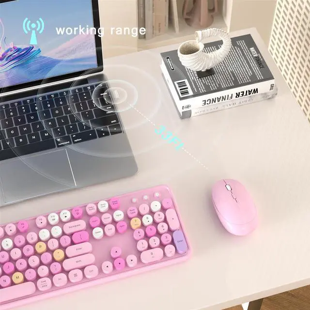 Alt view image 4 of 6 - Colorful Wireless Computer Keyboard and Mouse Combo with Round Typewriter Keycaps, Retro Design, Power Switch, Ergonomic Design, 2.4GHz Wireless for Windows, Mac, PC(Pink-Colorful)