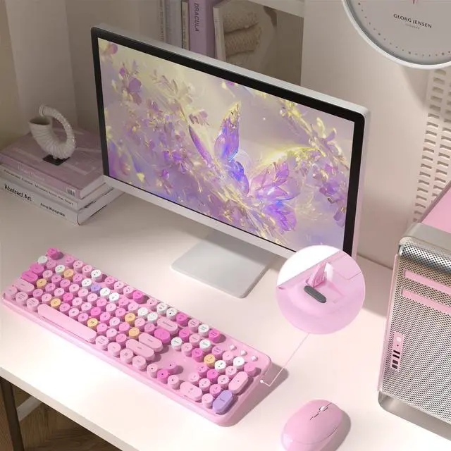 Alt view image 3 of 6 - Colorful Wireless Computer Keyboard and Mouse Combo with Round Typewriter Keycaps, Retro Design, Power Switch, Ergonomic Design, 2.4GHz Wireless for Windows, Mac, PC(Pink-Colorful)