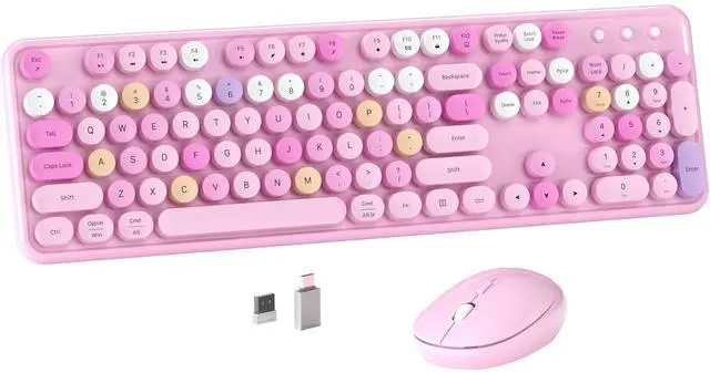 Main image of Colorful Wireless Computer Keyboard and Mouse Combo with Round Typewriter Keycaps, Retro Design, Power Switch, Ergonomic Design, 2.4GHz Wireless for Windows, Mac, PC(Pink-Colorful)