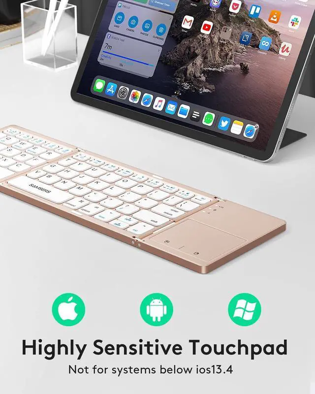 Alt view image 2 of 7 - Foldable Bluetooth Keyboard with Touchpad - Portable Wireless Keyboard with Holder, Rechargeable Full Size Ultra Slim Pocket Folding Keyboards for Android Windows iOS Tablet & Laptop - Pink