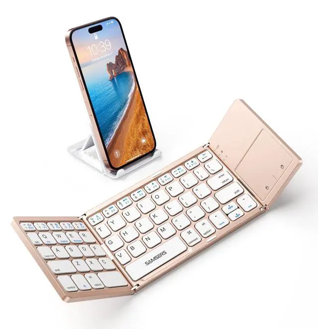 Main image of Foldable Bluetooth Keyboard with Touchpad - Portable Wireless Keyboard with Holder, Rechargeable Full Size Ultra Slim Pocket Folding Keyboards for Android Windows iOS Tablet & Laptop - Pink