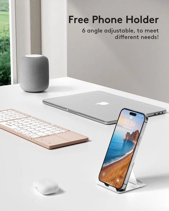 Alt view image 5 of 7 - Foldable Bluetooth Keyboard with Touchpad - Portable Wireless Keyboard with Holder, Rechargeable Full Size Ultra Slim Pocket Folding Keyboards for Android Windows iOS Tablet & Laptop - Pink