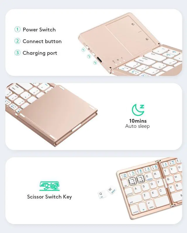 Alt view image 6 of 7 - Foldable Bluetooth Keyboard with Touchpad - Portable Wireless Keyboard with Holder, Rechargeable Full Size Ultra Slim Pocket Folding Keyboards for Android Windows iOS Tablet & Laptop - Pink