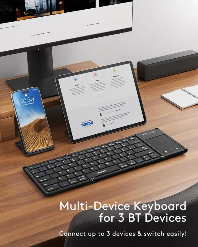 Alt view image 2 of 7 - Foldable Bluetooth Keyboard with Touchpad, Full-Size Wireless Folding Keyboards with Holder, Rechargeable Portable Travel for iOS Windows Android Mac OS, Support 3 Devices (BT5.1 x 3)