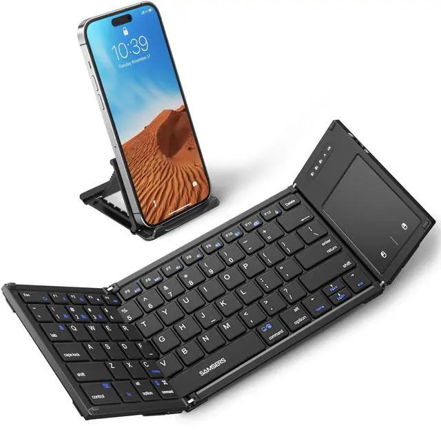 Main image of Foldable Bluetooth Keyboard with Touchpad, Full-Size Wireless Folding Keyboards with Holder, Rechargeable Portable Travel for iOS Windows Android Mac OS, Support 3 Devices (BT5.1 x 3)