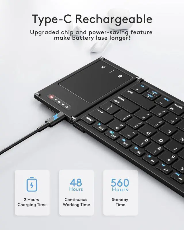 Alt view image 6 of 7 - Foldable Bluetooth Keyboard with Touchpad, Full-Size Wireless Folding Keyboards with Holder, Rechargeable Portable Travel for iOS Windows Android Mac OS, Support 3 Devices (BT5.1 x 3)