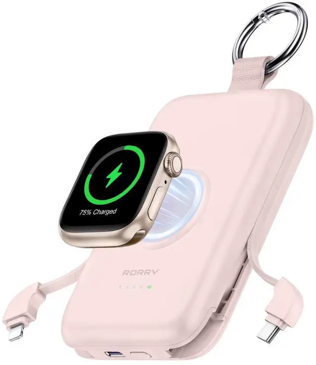Main image of CharmGo Portable Charger, 10000mAh 20W Fast Charging Portable Charger Power Bank with Built in Cables, Travel Battery Pack for iPhone 17/16/15/14/13/12 and Apple Watch, Pink