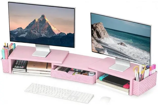 Main image of Metal Desk Organizers and Accessories, Dual Monitor Stand Riser with Drawer and 2 Pen Holders, Desk Accessories & Workspace Desktop Organizers for Office Supplies (Pink)