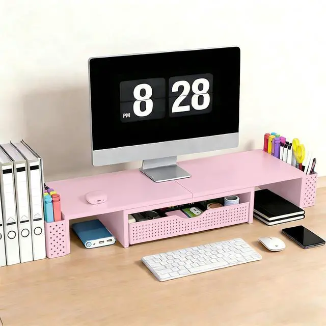 Alt view image 2 of 7 - Metal Desk Organizers and Accessories, Dual Monitor Stand Riser with Drawer and 2 Pen Holders, Desk Accessories & Workspace Desktop Organizers for Office Supplies (Pink)