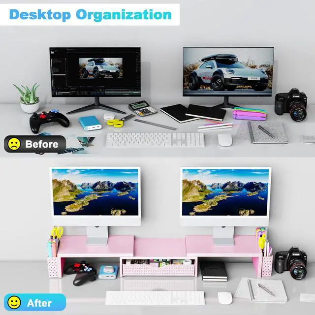 Alt view image 3 of 7 - Metal Desk Organizers and Accessories, Dual Monitor Stand Riser with Drawer and 2 Pen Holders, Desk Accessories & Workspace Desktop Organizers for Office Supplies (Pink)