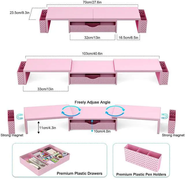 Alt view image 5 of 7 - Metal Desk Organizers and Accessories, Dual Monitor Stand Riser with Drawer and 2 Pen Holders, Desk Accessories & Workspace Desktop Organizers for Office Supplies (Pink)